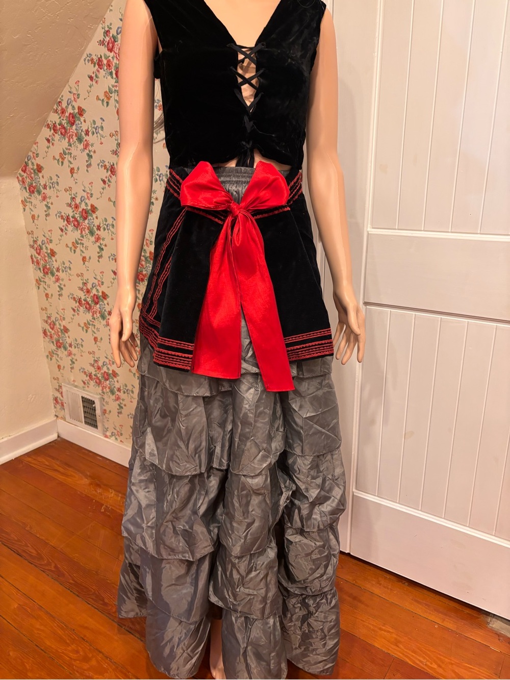 Black Velveteen Bustle Overskirt Red Bow Steampunk One Size